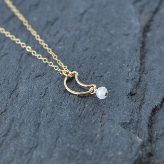 Cute crescent moon necklace with white bead pendant, stylish jewelry piece from Yay Hawaii.