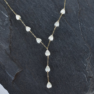 Lariat Y necklace by Yay Hawaii featuring small carved mother of pearl Pikake flower pendant on a delicate chain