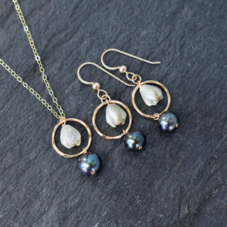 Set of Matching Pikake Hoop with Pearl Necklace and Earrings - Yay Hawaii