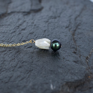 Medium Mother of Pearl Pikake flower necklace with black freshwater pearl cluster, featuring Yay Hawaii jewelry design.