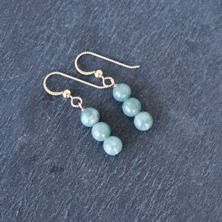 Yay Hawaii triple 6mm jade cluster earrings featuring green jade stones arranged in a floral design on silver hooks.