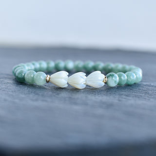 6mm Jade Stretchy Bracelet - Triple SMALL Pikake - Yay Hawaii