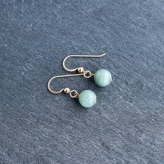 Yay Hawaii single jade drop earrings with 8mm or 10mm round jade beads, hanging from silver hooks, on a white background.