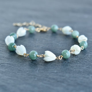 Linked Jade and Pikake Bracelet with Extender - Yay Hawaii