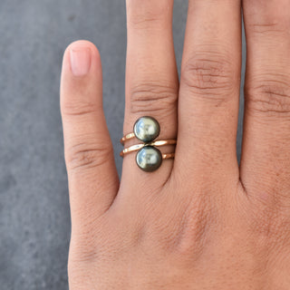 Tahitian Pearl Double Bypass Ring by Yay Hawaii featuring two black Tahitian pearls and silver band design.