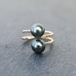 Tahitian pearl double bypass ring by Yay Hawaii featuring black pearls and sterling silver band with intricate design.