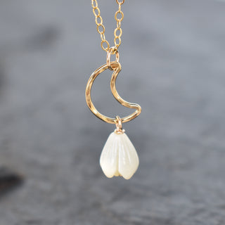 Silver crescent moon necklace with small Pikake flower charm, Hawaiian-inspired jewelry by Yay Hawaii.