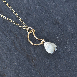Silver crescent moon necklace with small Pikake flower pendant, Yay Hawaii jewelry, delicate Hawaiian-inspired accessory.