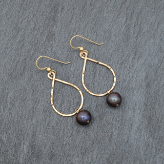 Small black pearl teardrop hoop earrings by Yay Hawaii with elegant, shiny black pearls and silver hoop design