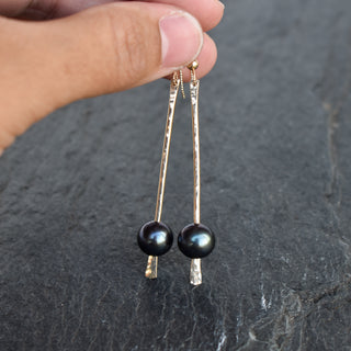 Dangling stick earrings with Tahitian or freshwater pearls by Yay Hawaii, featuring elegant pearl accents and sleek silver hooks.