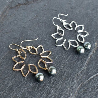 Large Naupaka earrings by Yay Hawaii featuring intricate floral design in silver with hoop style for pierced ears.