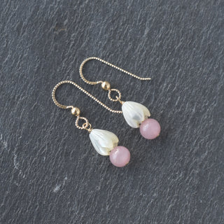 Dainty 6mm rose quartz cluster with small mother of pearl Pikake, showcasing natural pink quartz and iridescent shell details.