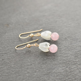 Dainty 6mm rose quartz cluster with small mother of pearl Pikake, natural gemstone jewelry piece by Yay Hawaii.