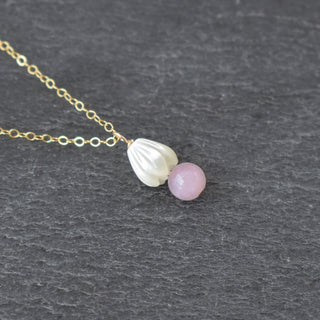Dainty 6mm rose quartz and small mother of pearl Pikake cluster necklace by Yay Hawaii, featuring delicate gemstone and floral design.