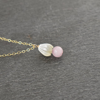 Dainty 6mm rose quartz and mother of pearl Pikake cluster necklace by Yay Hawaii, featuring delicate gemstone beads and floral design.