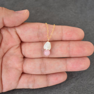 Dainty 6mm rose quartz and mother of pearl Pikake cluster necklace from Yay Hawaii, featuring delicate gemstone beads.