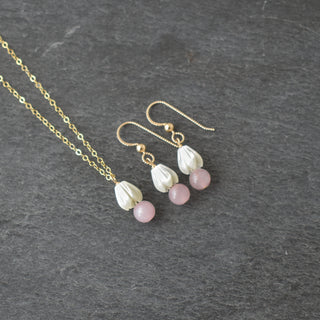 Dainty 6mm rose quartz and mother of pearl Pikake cluster necklace by Yay Hawaii, featuring delicate gemstone and floral design.