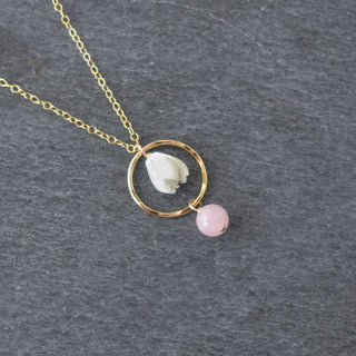 Small Hoop Necklace with Rose Quartz and Pikake - Yay Hawaii