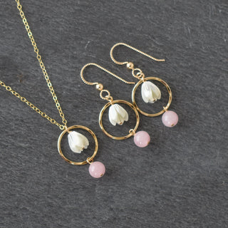 Small Hoop Necklace with Rose Quartz and Pikake - Yay Hawaii