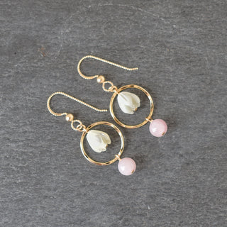 Small hoop earrings by Yay Hawaii featuring 6mm rose quartz and mother of pearl Pikake accents.
