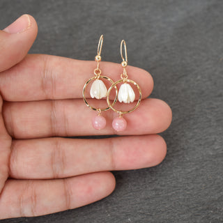 Small gold hoop earrings with 6mm rose quartz and mother of pearl accents, featuring Pikake flower design by Yay Hawaii
