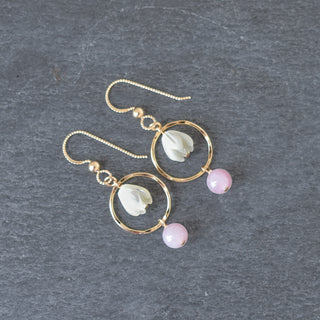Small hoop earrings by Yay Hawaii with 6mm rose quartz and mother of pearl Pikake accents, showcasing elegant jewelry design.
