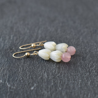 Double small Mother of Pearl Pikake flower cluster with 6mm rose quartz by Yay Hawaii, showcasing delicate floral jewelry details.