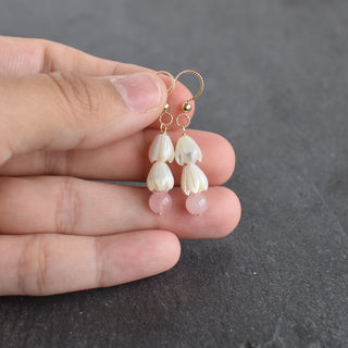 Double small mother of pearl Pikake flower cluster with 6mm rose quartz beads, handcrafted jewelry by Yay Hawaii.
