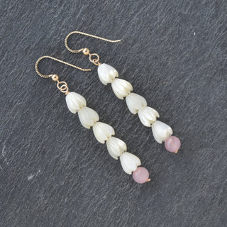 Yay Hawaii long earrings with five small mother of pearl Pikake flowers and 6mm rose quartz beads, elegant jewelry design