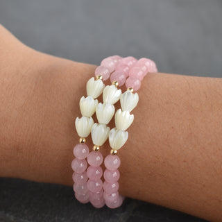 6mm Rose Quartz Stretchy Bracelet - Triple SMALL Pikake - Yay Hawaii