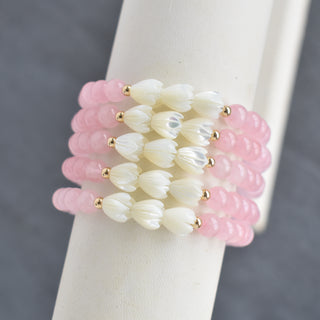 6mm Rose Quartz Stretchy Bracelet - Triple SMALL Pikake - Yay Hawaii