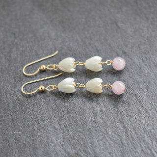Double linked mother of pearl Pikake earring with 6mm rose quartz bead, by Yay Hawaii, showcasing intricate jewelry details.