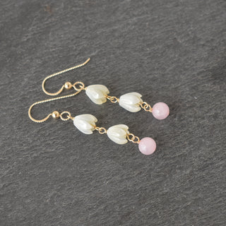 Double linked small Mother of Pearl Pikake flower with 6mm Rose Quartz bead jewelry by Yay Hawaii.
