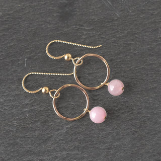 Small silver hoop earrings with dangling 6mm rose quartz stones, stylish jewelry by Yay Hawaii.