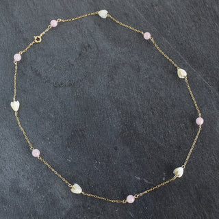 6mm rose quartz bead necklace with small mother of pearl Pikake flower accents, Yay Hawaii jewelry, natural and elegant design