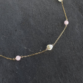 6mm rose quartz and mother of pearl Pikake station necklace by Yay Hawaii with floral-inspired design and delicate beads.