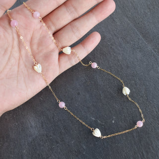 6mm rose quartz and mother of pearl Pikake station necklace by Yay Hawaii, showcasing delicate gemstones and floral design.