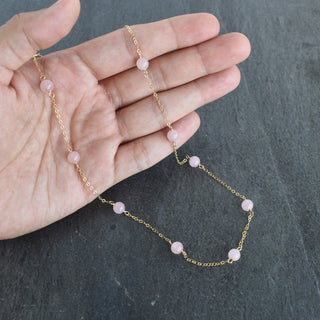 6mm Rose Quartz station necklace by Yay Hawaii featuring a delicate string of pink quartz beads on a fine chain