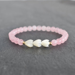 (Keiki) 6mm Rose Quartz Stretchy Bracelet - Triple SMALL Pikake - Yay Hawaii