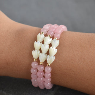 (Keiki) 6mm Rose Quartz Stretchy Bracelet - Triple SMALL Pikake - Yay Hawaii