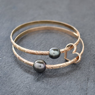 4mm Hawaiian Heirloom Style Bangle Heart Set with Tahitian Pearls - Yay Hawaii
