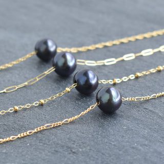 Black freshwater pearl necklace with Figaro chain by Yay Hawaii, featuring a sleek and elegant jewelry design.