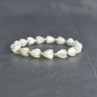 Yay Hawaii Pikake and metal bead accent stretchy bracelet, adult and child sizes, featuring floral and beaded design.