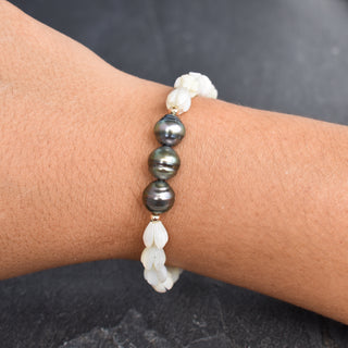 Small Pikake Stretchy Bracelet w/ Triple Circlé Tahitian Pearls - Adult or Child Sizes - Yay Hawaii