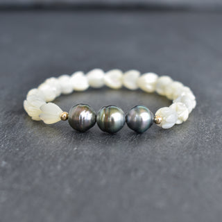 Small Pikake Stretchy Bracelet w/ Triple Circlé Tahitian Pearls - Adult or Child Sizes - Yay Hawaii
