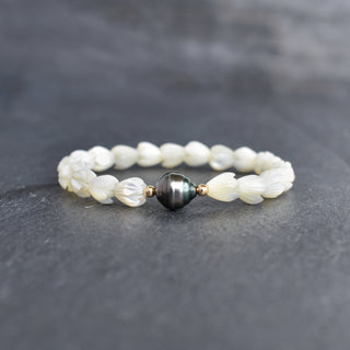 Small Pikake Stretchy Bracelet w/ One Circlé Tahitian Pearl - Adult or Child Sizes - Yay Hawaii