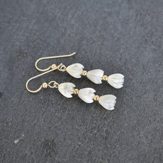 Triple small mother of pearl Pikake flower earrings with alternating 3mm accent beads, handcrafted jewelry by Yay Hawaii.