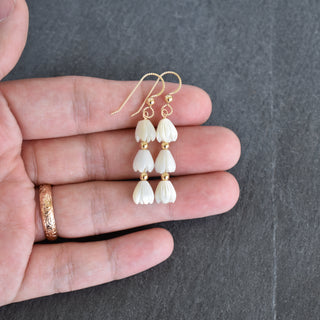 Triple small Mother of Pearl Pikake flower earrings with alternating 3mm accent beads by Yay Hawaii