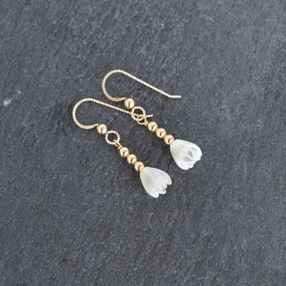 Small Mother of Pearl Pikake earrings with 3mm accent beads, featuring delicate floral design and Yay Hawaii branding.