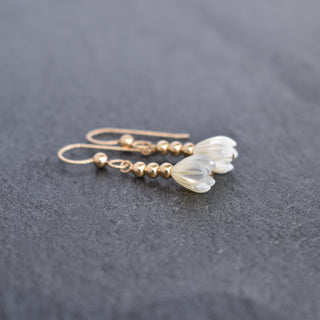 Small mother of pearl Pikake earrings with 3mm accent beads by Yay Hawaii, showcasing delicate floral jewelry with shimmering pearls.